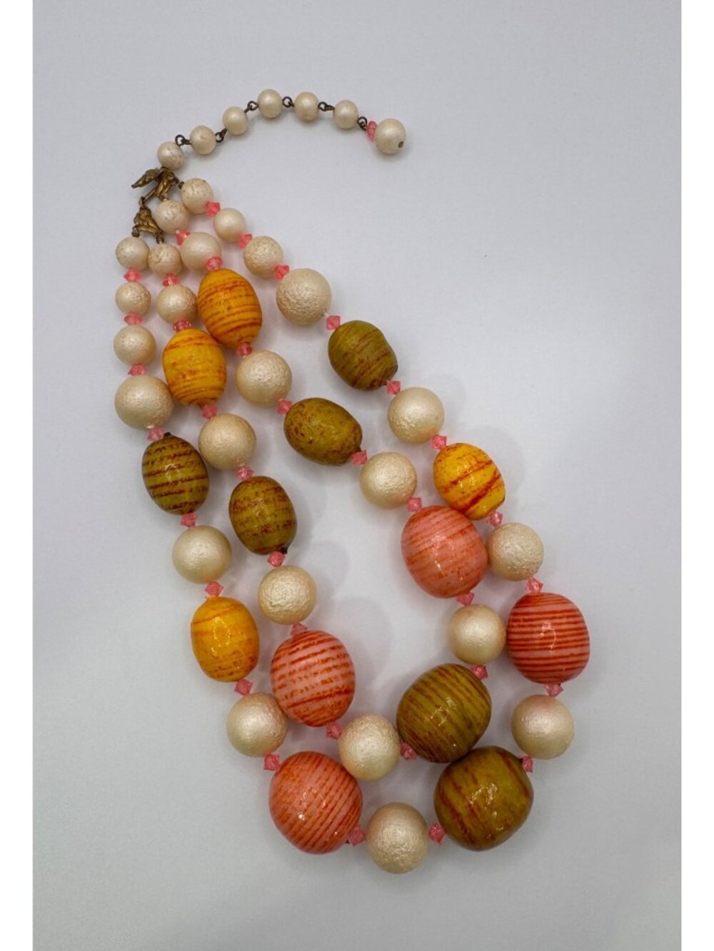 Vintage Paper Mache Bead Necklace Double Strand Artisan Leaf Clasp Chunky - Picture 2 of 16